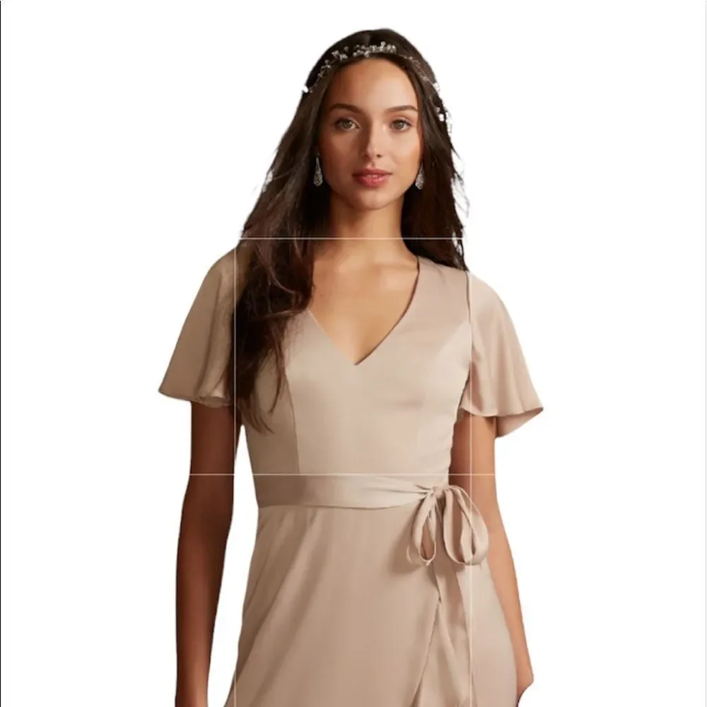 Flutter Sleeve Crepe Satin Ruffle Bridesmaid Dress color is desert coral. Sz 12 - Picture 4 of 5